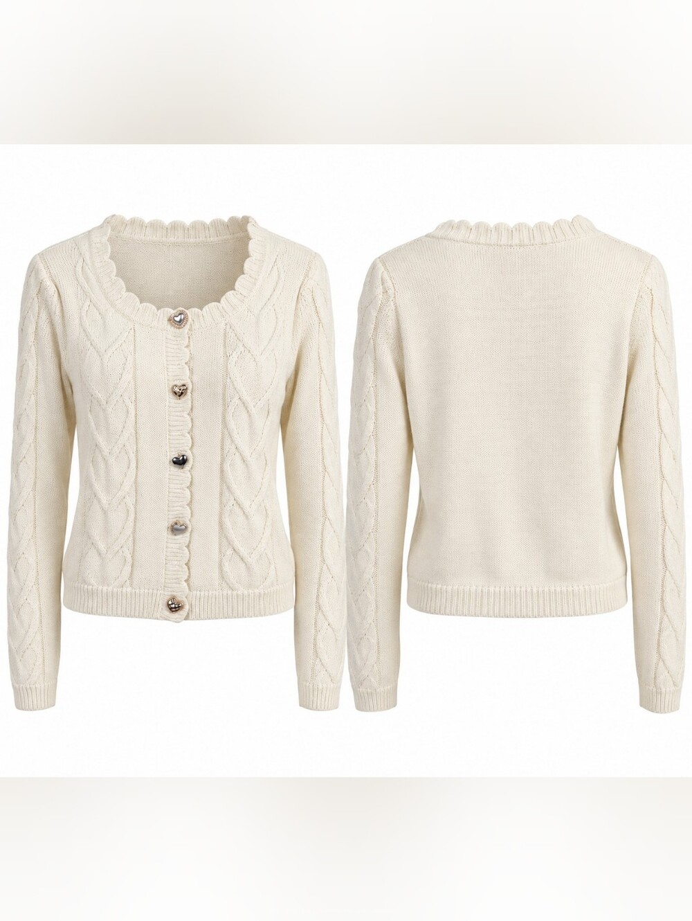 Wild Fable Cream Cable Knit Cardigan Heart Buttons Scallop Coquette M NWOT